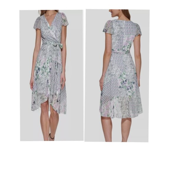 DKNY Womens size 6p Floral Printed Short Sleeves Faux Lined High low Wrap Dress - Picture 16 of 16